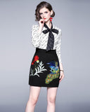 Long Sleeve Print Embroidery High Waist Thin Skirt Dress