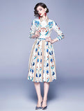 Fashion Print Lapel Slim Long Sleeve Large Swing Dress