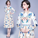 Fashion Print Lapel Slim Long Sleeve Large Swing Dress