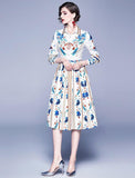 Fashion Print Lapel Slim Long Sleeve Large Swing Dress