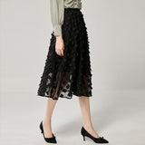 3D Floral Black Midi Skirt