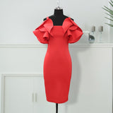 Plus Size Red Ruffles OL Style Midi Dress S-2XL