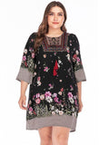 Embroidery O Neck Floral Print Short Mini Dress XL-3XL