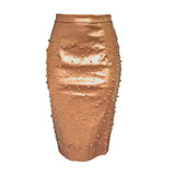 Irregular Beaded Back Stretch Elastic PU Skirt M-2XL