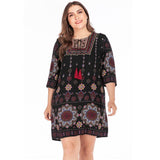 Embroidery O Neck Floral Print Short Mini Dress XL-3XL