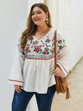 Summer V Neck Flare Sleeve Embroidery Floral Solid Casual Blouse XL-4XL