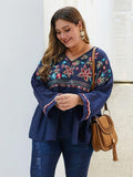 Summer V Neck Flare Sleeve Embroidery Floral Solid Casual Blouse XL-4XL