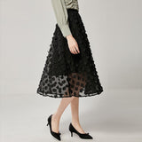 3D Floral Black Midi Skirt