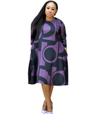 Printed Back Zip Round Neck Sleeve Plus Size Dress L-4XL