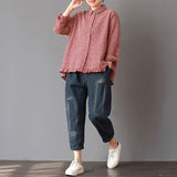 Women Spring Plaid Turn-down Collar Loose Shirt