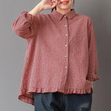 Women Spring Plaid Turn-down Collar Loose Shirt