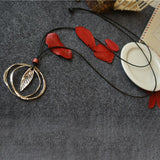 Ethnic Alloy Leaf Long Necklace Circle Pendant