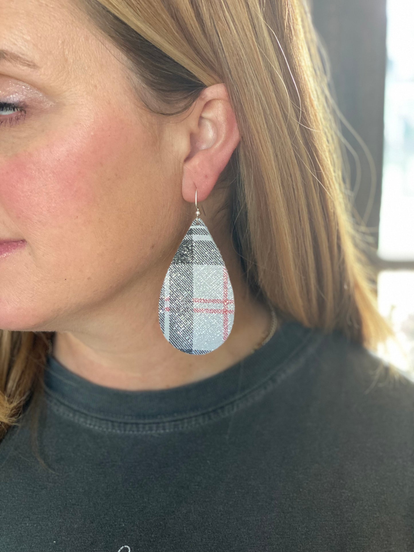 White Plaid Leather Earrings