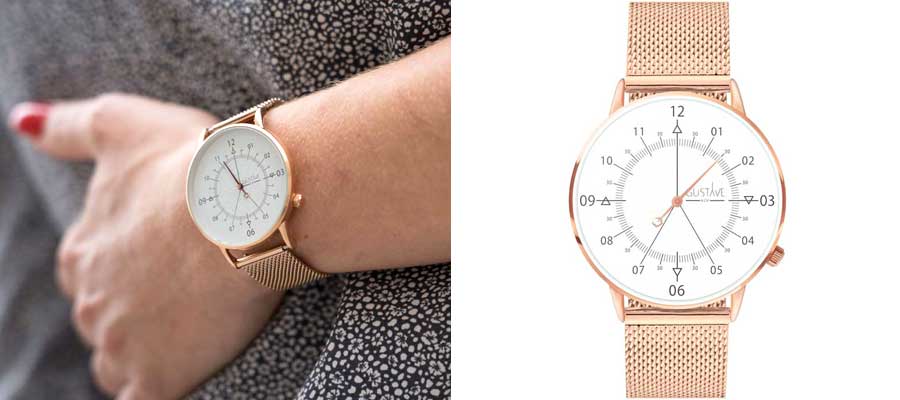 Cadran de montre 12h pour femme avec un bracelet en maille milanaise or rose a offrir comme cadeau d'anniversaire