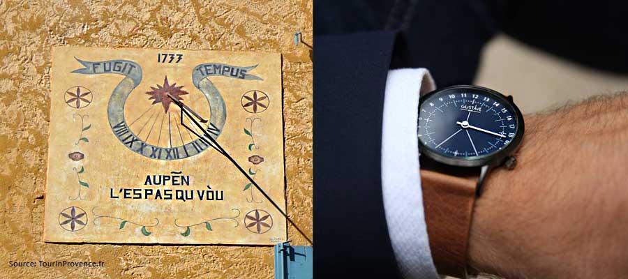 Cadran solaire de Aups dans le Var et montre avec une seule aiguille et un bracelet en cuir marron pour homme