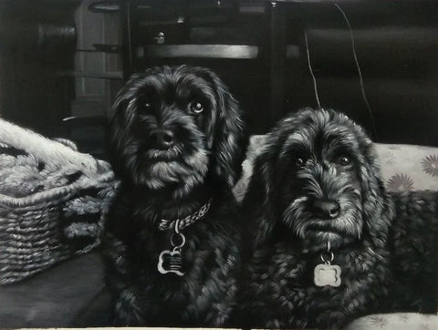Black & white oil dog portrait painting