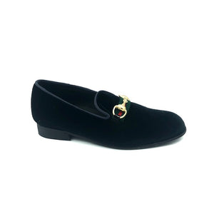 black loafers with gold chain