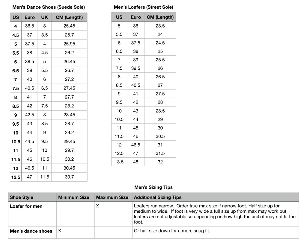 Sizing Chart – Adore Dance Shoes