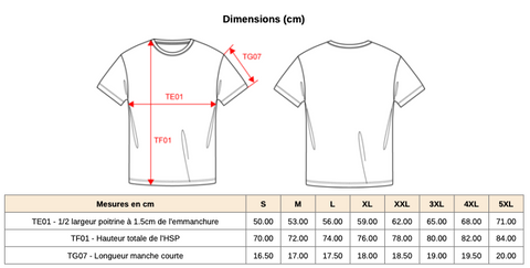 Grilles des tailles T-shirt Born in Elsass