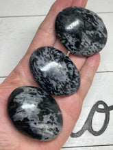 Load image into Gallery viewer, Indigo Gabbro palm stone with crystal info card V20N
