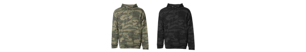 row of 2 sweatshirt garments on a white background in the ss4500 midweight pullover hood camo colors