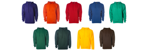 2 rows of 9 sweatshirt garments on a white background in the ss4500 midweight pullover hood collegiate colors