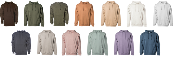2 rows of 13 sweatshirt garments on a white background in the ss4500 midweight pullover hood earth tone colors