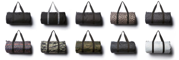 Solid color & print pattern duffel bags.