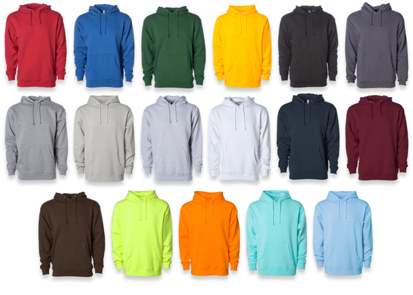 Heavyweight Hooded Pullover garments in Collegiate Sports Team Colors.