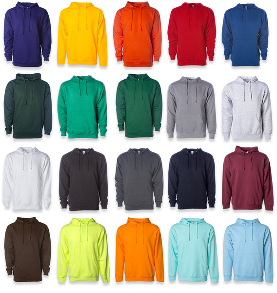 Midweight Hooded Pullover garments in Collegiate Sports Team Colors.