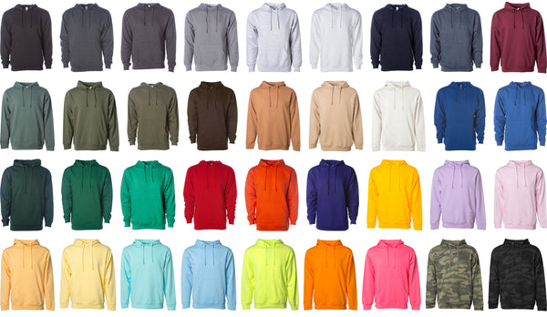 Garment image of the SS4500 Men's Midweight Hooded Pullover Sweatshirt in 36 available colors.