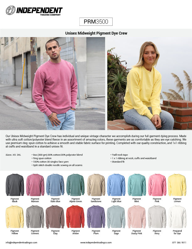 PRM3500 Unisex Midweight Pigment Dyed Crew Neck