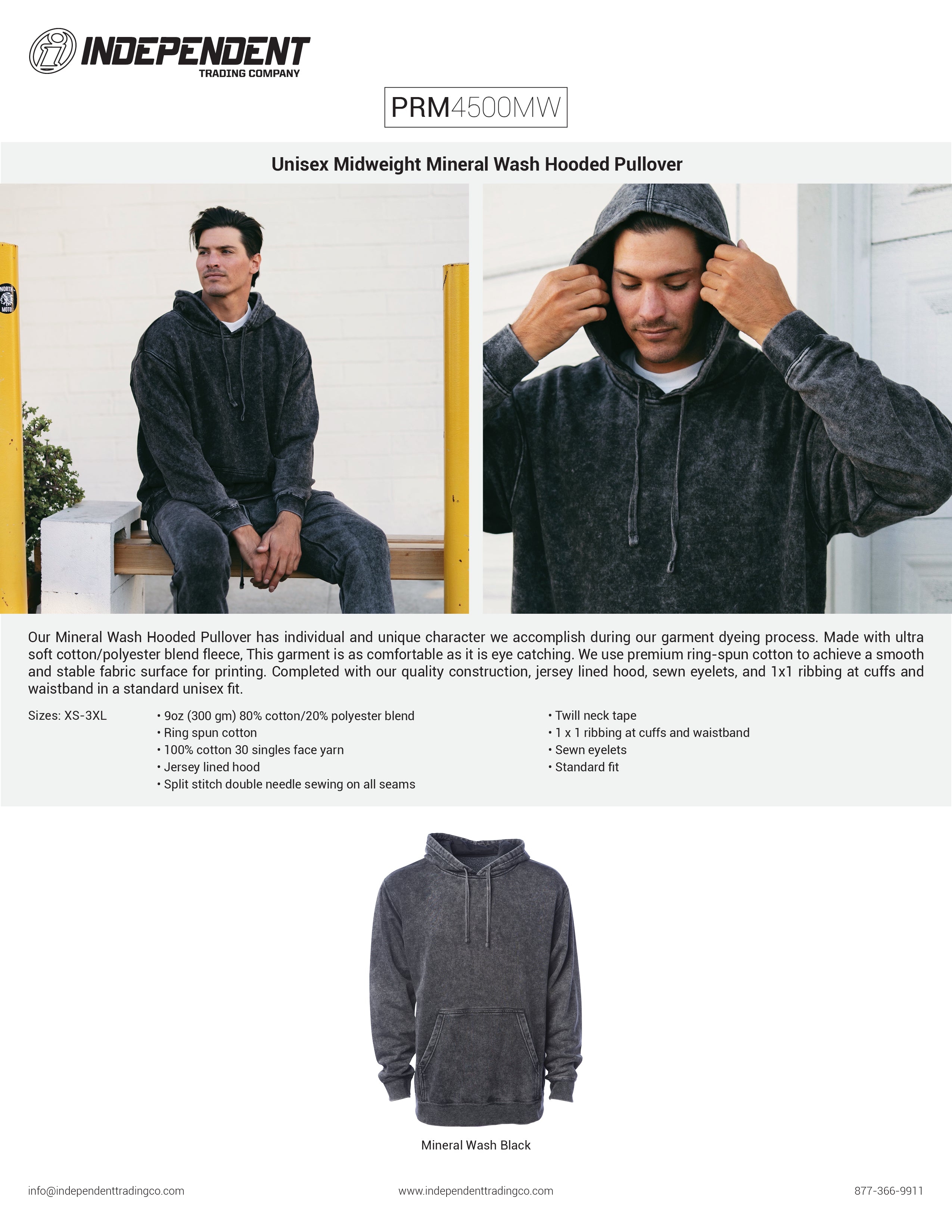 PRM4500MW Unisex Mineral Wash Hooded Pullover