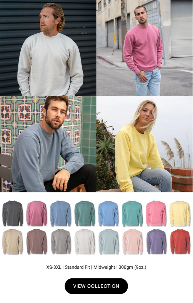 images of men and women wearing various colors of pigment dye crew neck sweatshirts