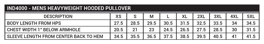 Independent Trading Co. IND4000 Size Chart Independent Trading Co.  Heavyweight Hooded Pullover IND4000 