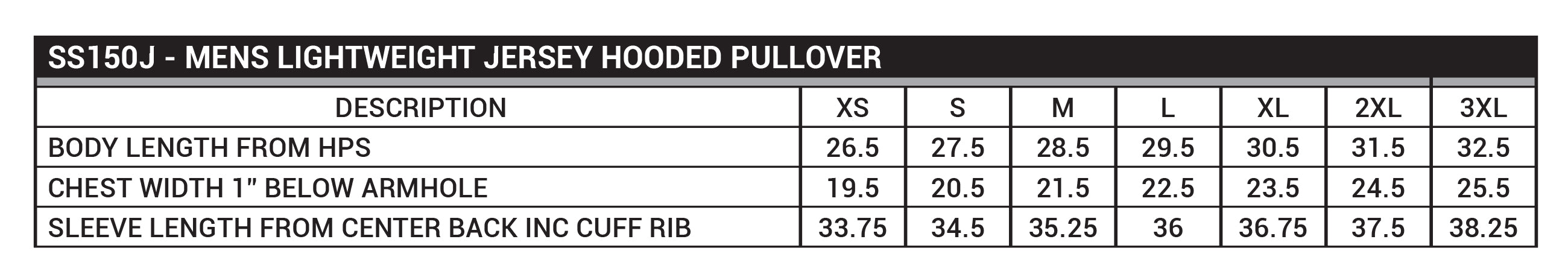 sizing chart for style SS150JP