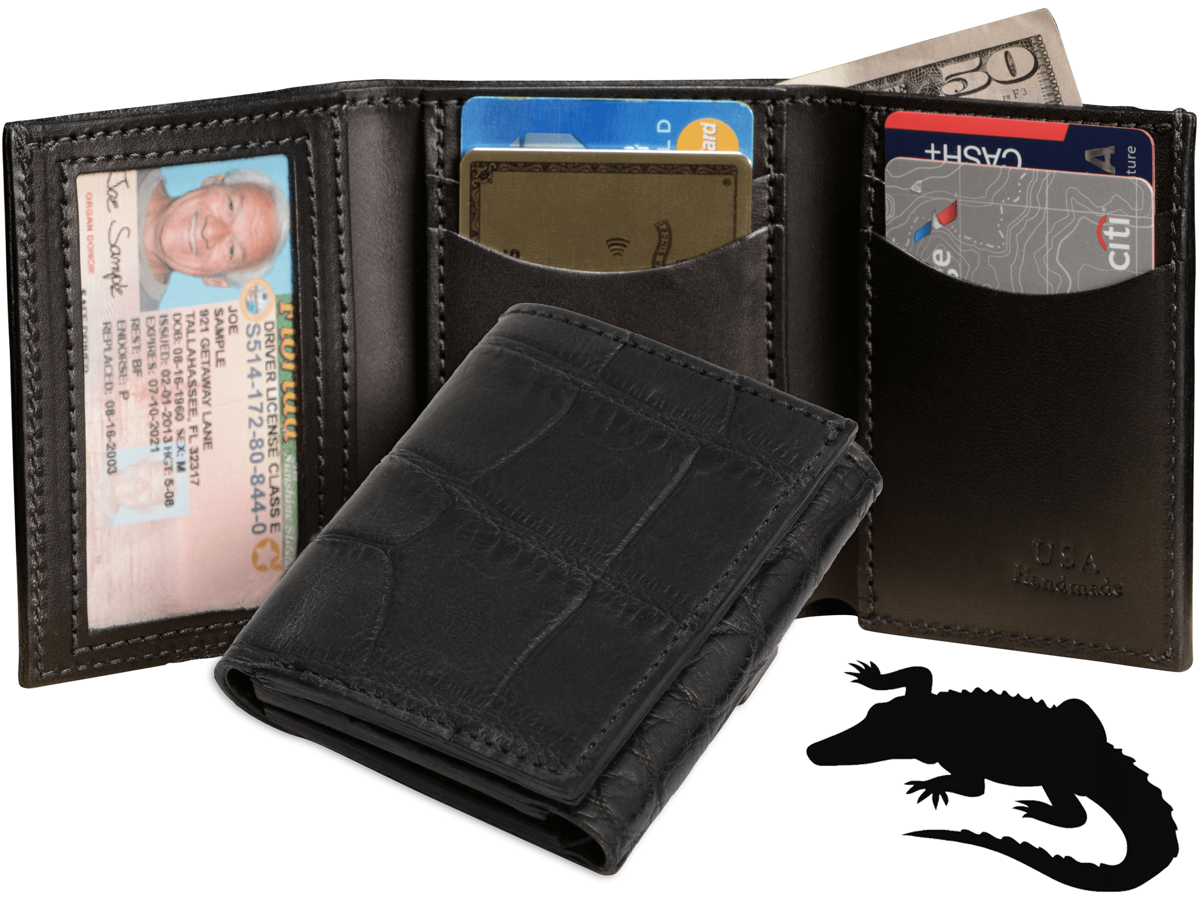 Black Alligator Luxury Designer Exotic Trifold Wallet With ID Window