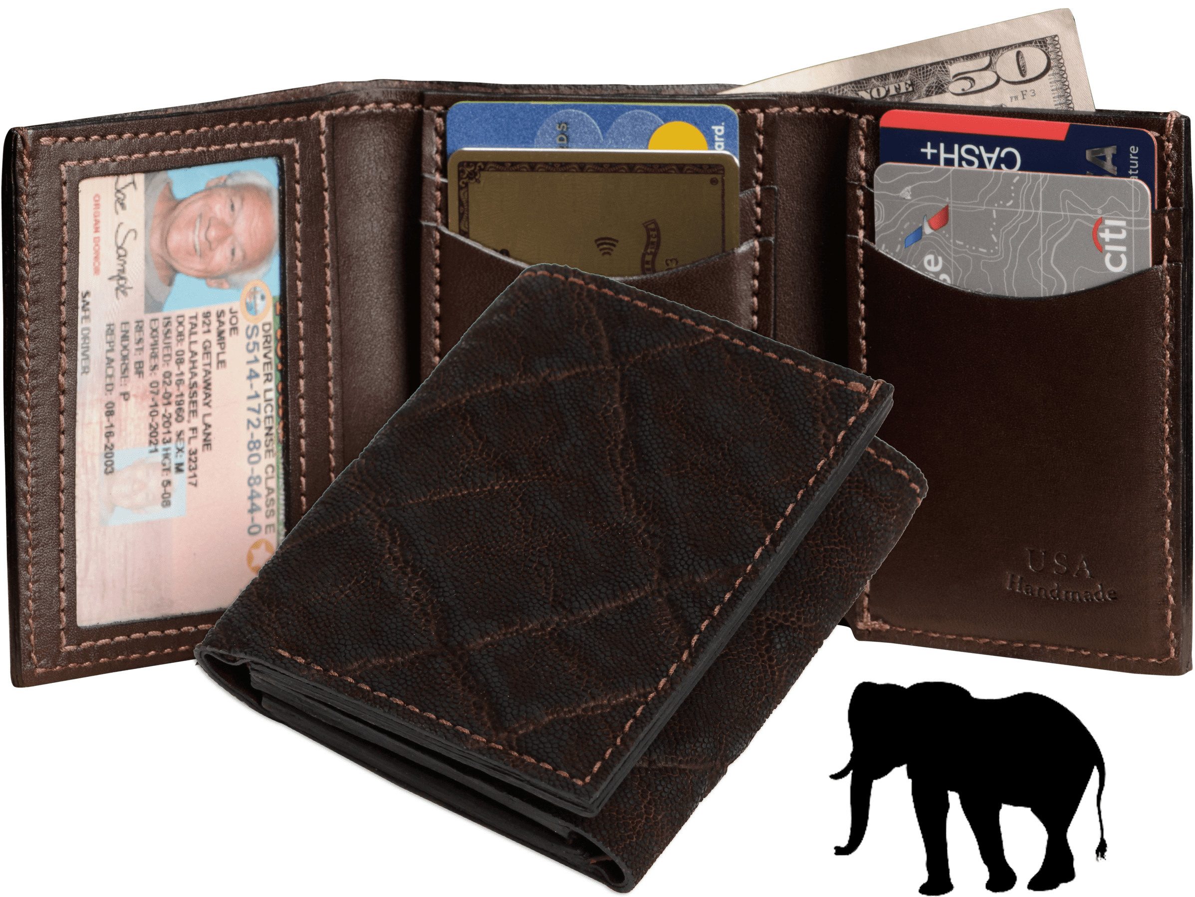 Dark Brown Elephant Luxury Designer Exotic Trifold Wallet With ID Window