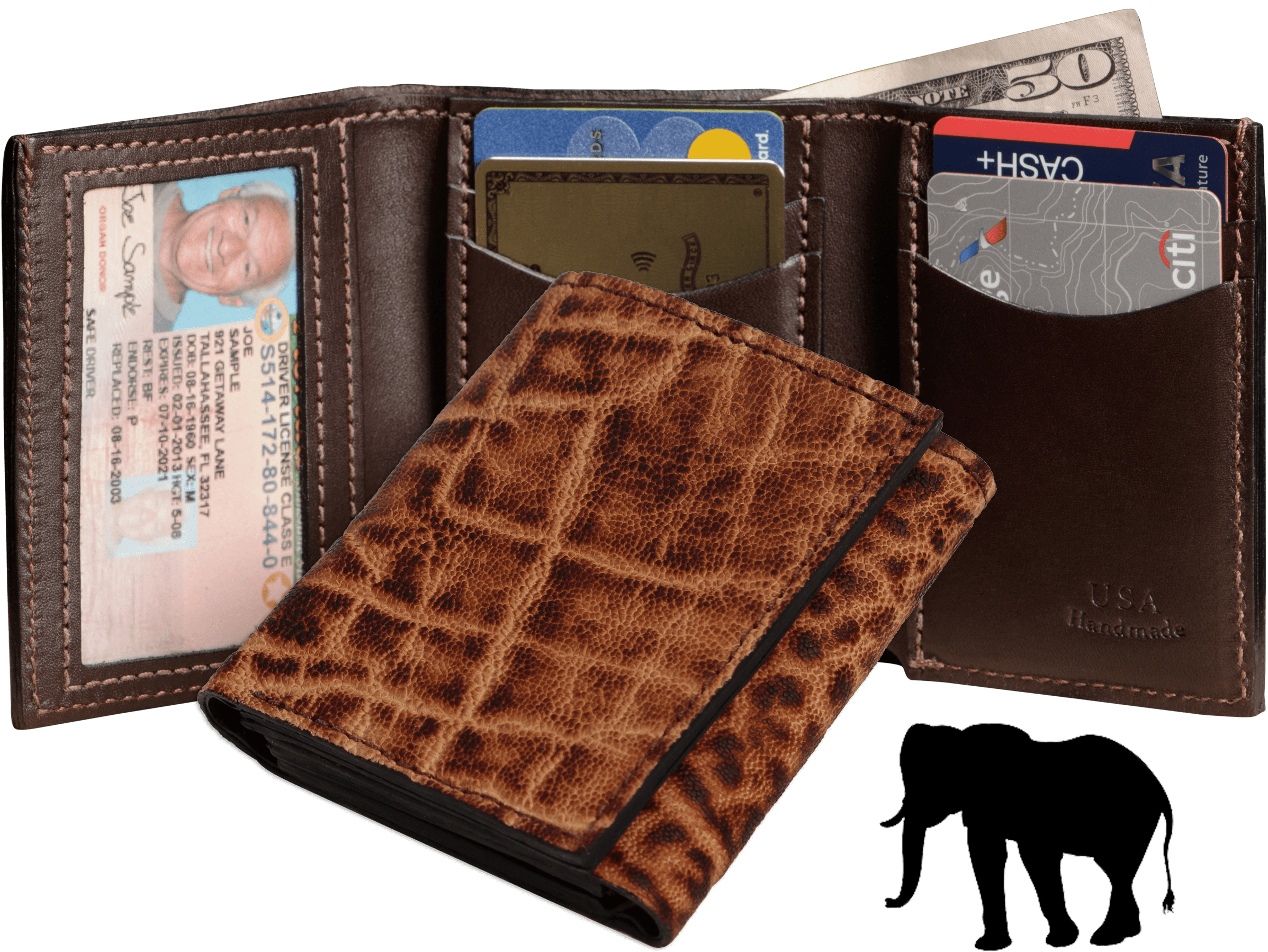 Rustic Brown Elephant Luxury Designer Exotic Trifold Wallet With ID Window