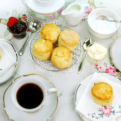 vintage tea cups, 5 scones, milk, sugar, clotted cream, jam