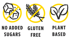 No added sugar, Gluten Free, Plant Based badges