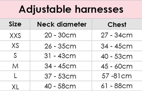 No-pull adjustable dog harness size guide.