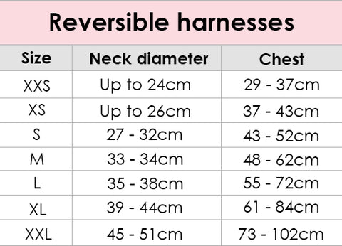 Reversible dog harness size guide.