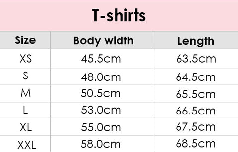 T-shirt sizing guide.
