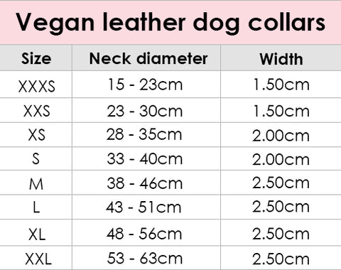 Vegan leather dog collar size guide.