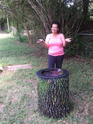 Joanie with her new birdbath.