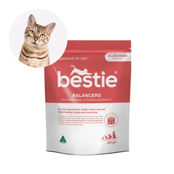Cat food packaging with a cat image and 'bestie BALANCERS' branding.