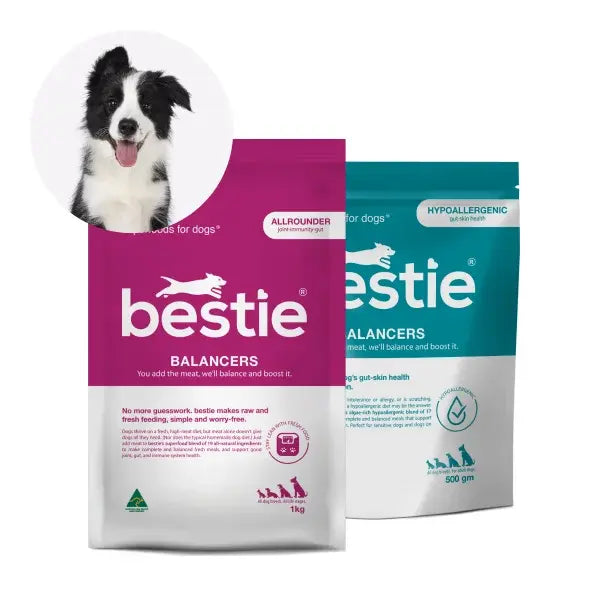 Dog food packaging for 'bestie' Balancers, featuring Allrounder and Hypoallergenic varieties, with a dog image.