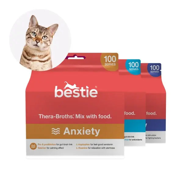Packages of 'bestie' pet broth for anxiety, featuring a cat image.