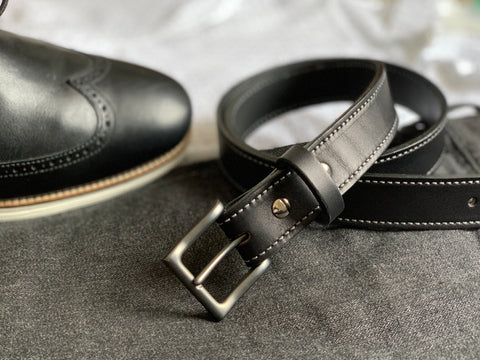 Artisanal Lab Handmade Black Leather Belt Stitched